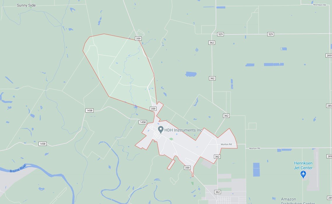 Pattison is a small town located directly north of Brookshire on FM 359. It's city borders are delineated in the map above.